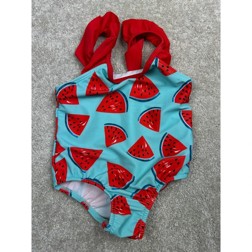 SHEIN Watermelon One Piece Swimsuit 90 Blue Red Ruffle Strap Summer Fruit Kawaii